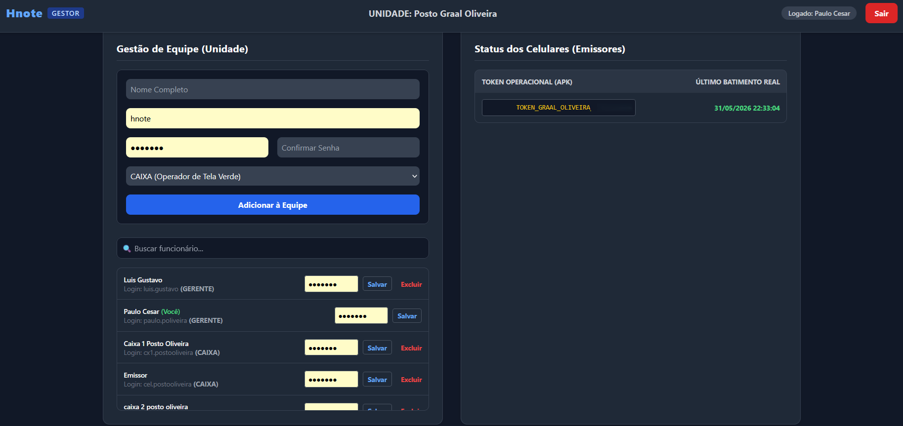 Dashboard do Gestor HNote